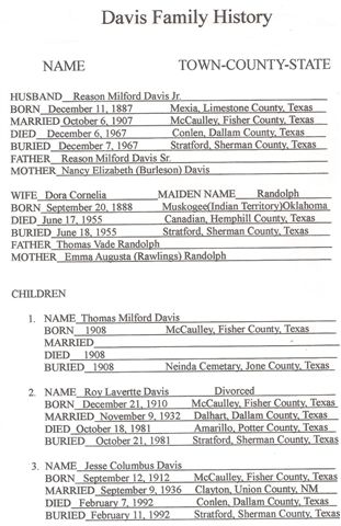 R.M. Davis Sr. Family History page 1