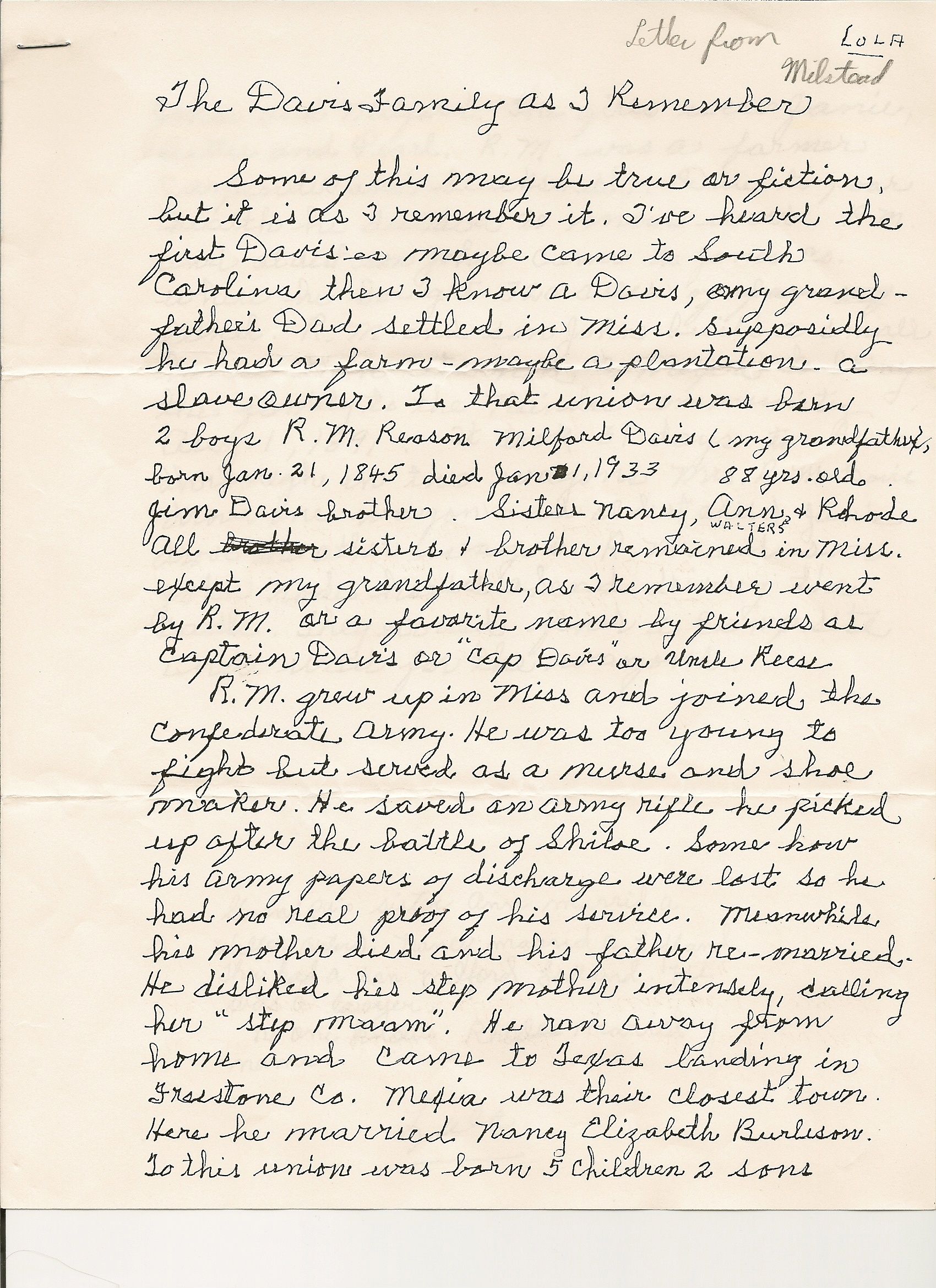 Lola Milstead letter page 1